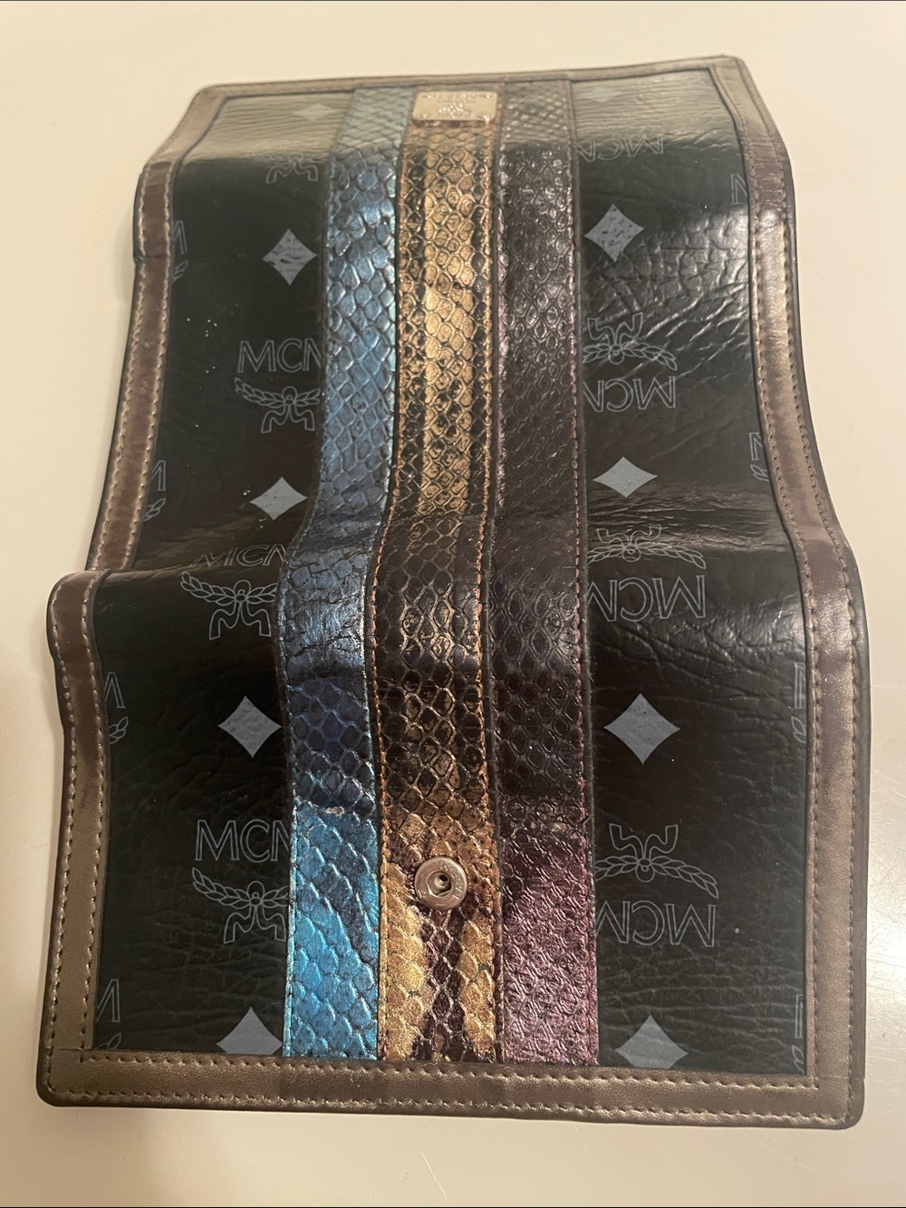 MCM Black Trifold Wallet with Metallic Brown, Gold & Blue Stripes - Picture 11 of 11